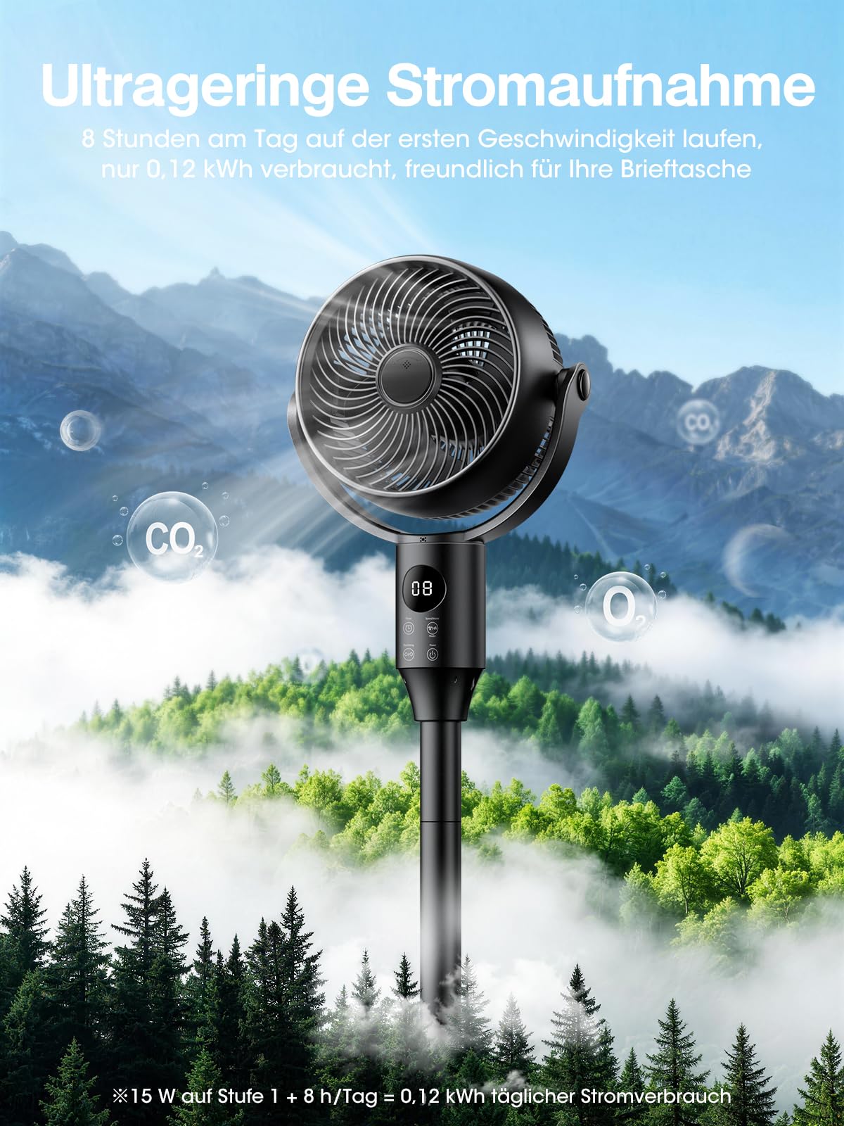 Leiser Standventilator 80°+90° Oszillierender Ventilator mit Fernbedienung, 1444m³/h, 3 Stufen 12H Timer, 23-41" Höhenverstellbar