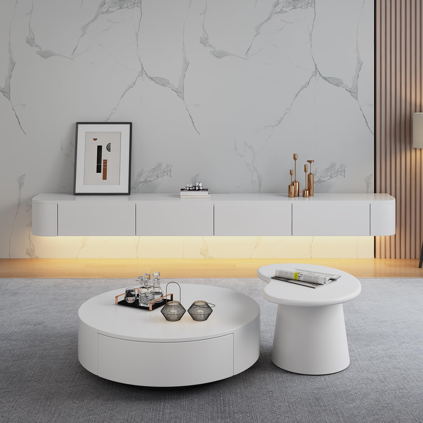 Flotante Mueble TV,Mueble Suspendido TV,Armario De Madera Maciza,Consola para Centro De Entretenimiento,con Cajones Y Puertas Abatibles，Minimalista Moderno (White+LED, 280cm)
