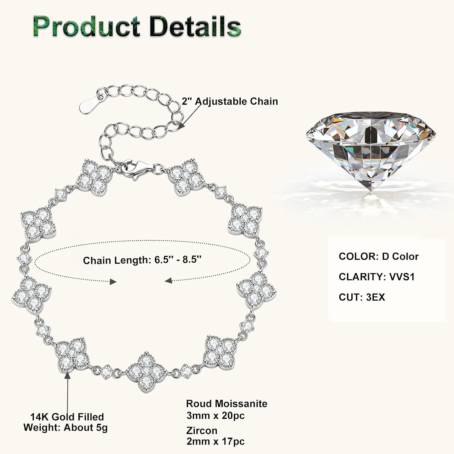Four-Leaf Clover Moissanite Tennis Bracelet, 3.6cttw D Color VVS1 Moissanite 14K Gold Filled Adjustable Tennis Bracelet for Women Birthday Jewelry Gifts