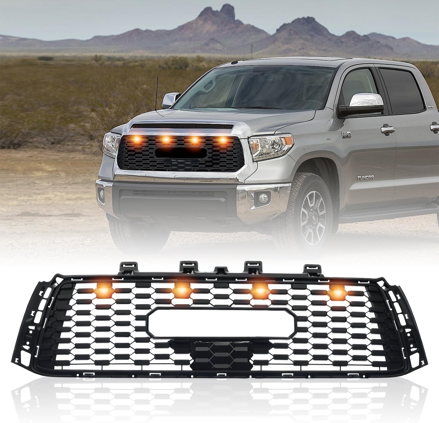 Front Grille for Tundra 2010 2011 2012 2013, Front Upper Bumper Mesh Grill Replacement with 4 LED Lights Accessories, Matte Black, 1 Set