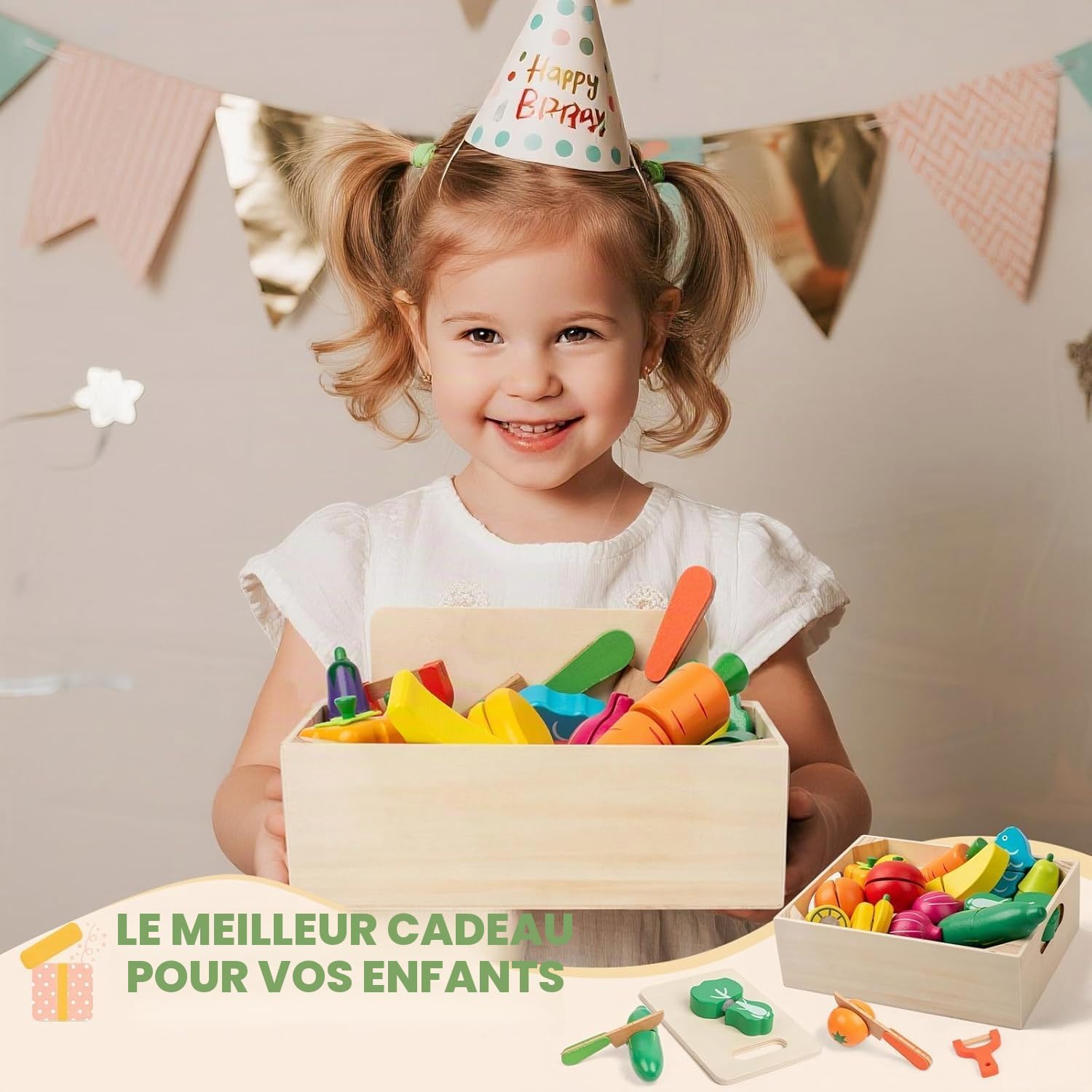 Jeu de Coupe Fruits et Légumes en Bois avec Velcro pour Enfants 3 Ans, 32 Pièces Accessoires de Cuisine Dinette Jouet Éducatif Montessori