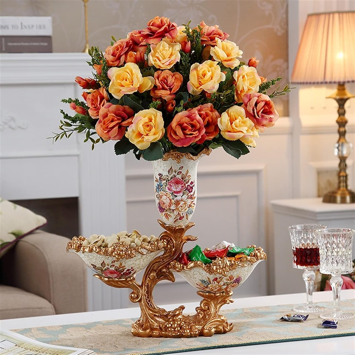 Elegant Large Flower Vases Table Centerpiece for Kitchen Dining Living Room Home Decor, European RetroTall Big Resin Flowers Chinese Vases for Bedroom Decorations, White 13.78in ×13in