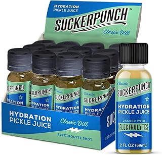 Suckerpunch Electrolyte Pickle Juice Shot, Leg and Muscle Cramp Relief, Sports Drink, Low Calorie, Gluten Free, Post Workout, Hydration, Potassium, Keto Friendly, Non GMO, Spicy Dill, 2oz, 12ct