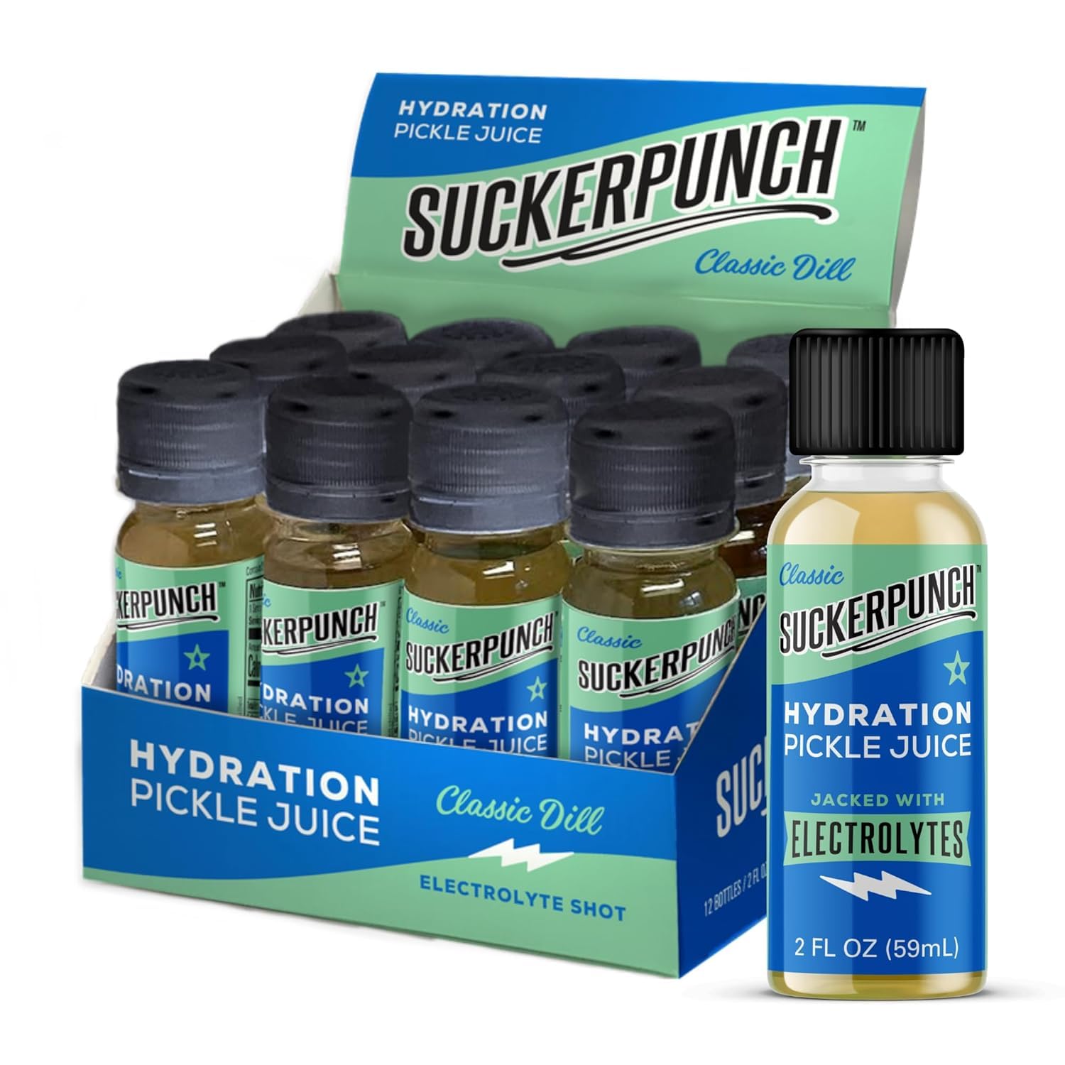 Suckerpunch Electrolyte Pickle Juice Shot, Leg and Muscle Cramp Relief, Sports Drink, Low Calorie, Gluten Free, Post Workout, Hydration, Potassium, Keto Friendly, Non GMO, Spicy Dill, 2oz, 12ct