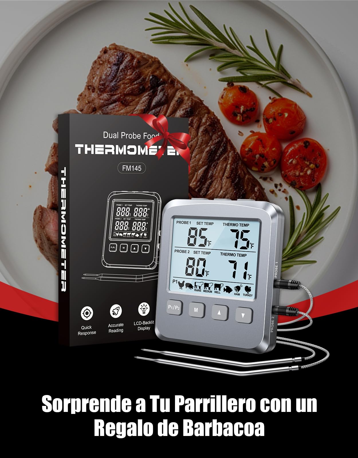 CIRYCASE Termómetro Cocina con 102cm Doble Sonda, Termometro Horno Digital para Cuisine, Comida, Barbacoa, Liquidos y Aceite, Doméstico Termómetro Carne con Gran Pantalla LCD & Alarma - ℃/℉ Conmutable