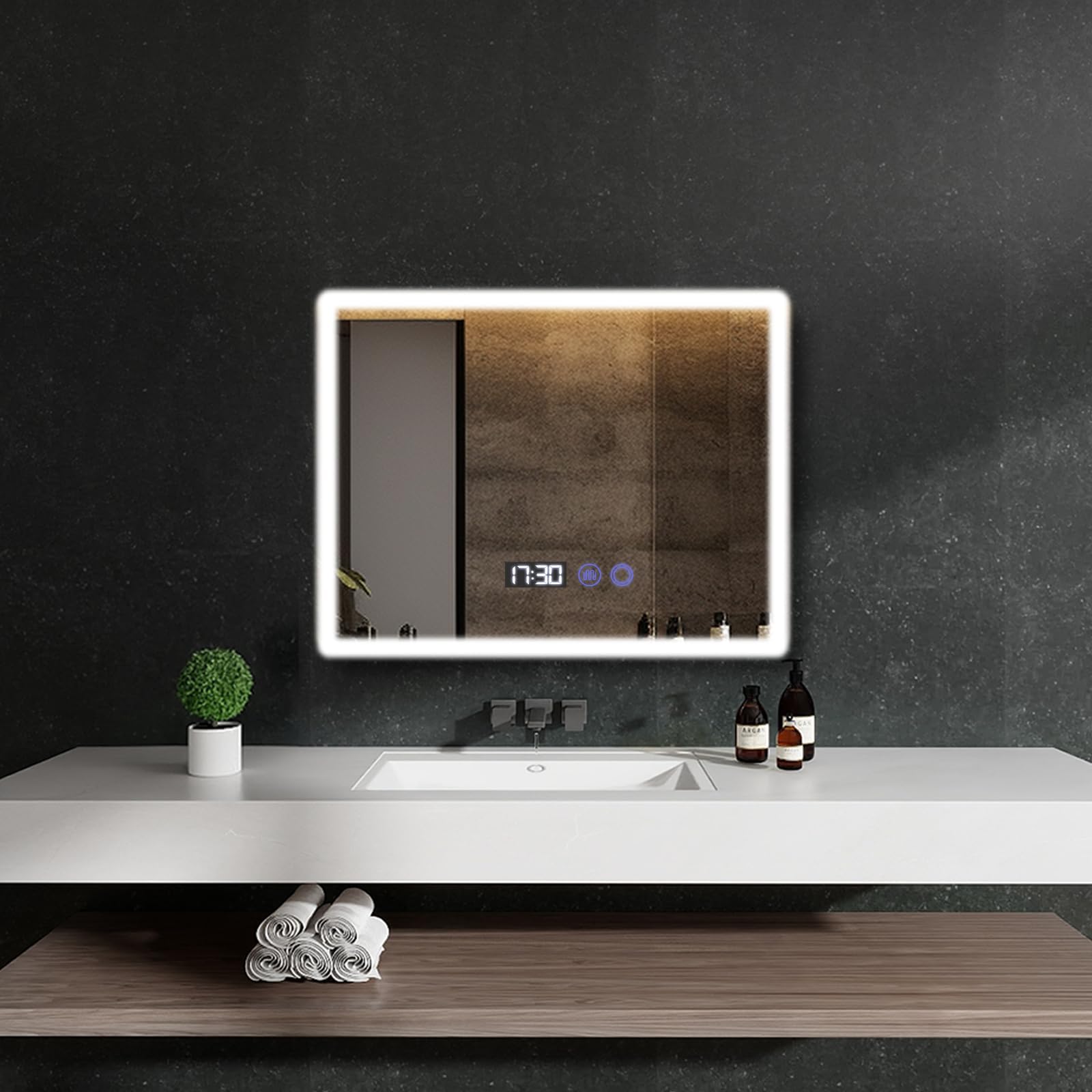 YOURLITE Miroir Salle de Bain LED 80x60 cm Dimmable 3 Couleurs Antibuée Affichage Horloge Température IP44 Blanc