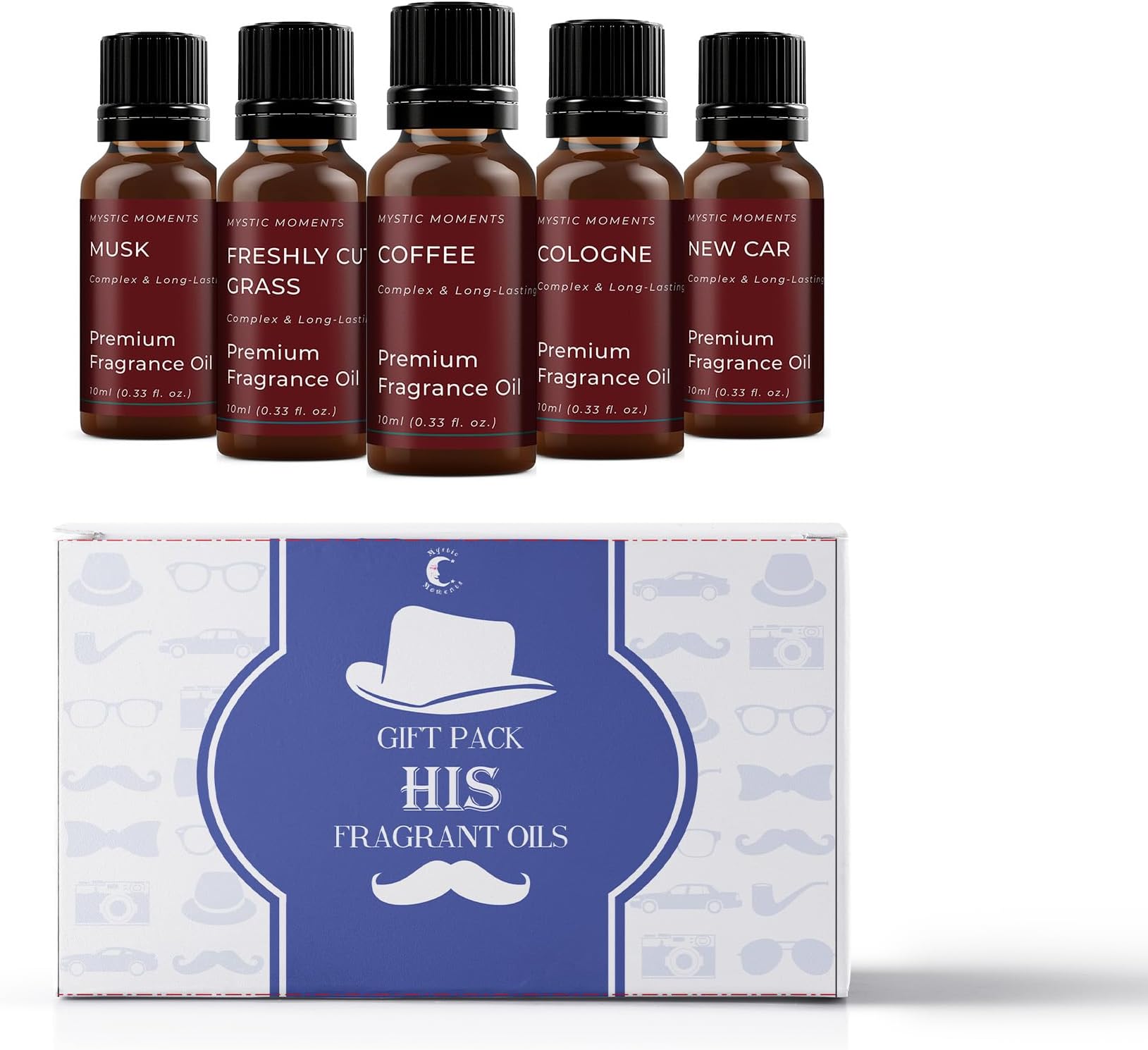 Mystic Moments | HIS Fragrant Oil Gift Starter Pack 5x10ml | Coffee, Cologne, Freshly Cut Grass, Musk & New Car