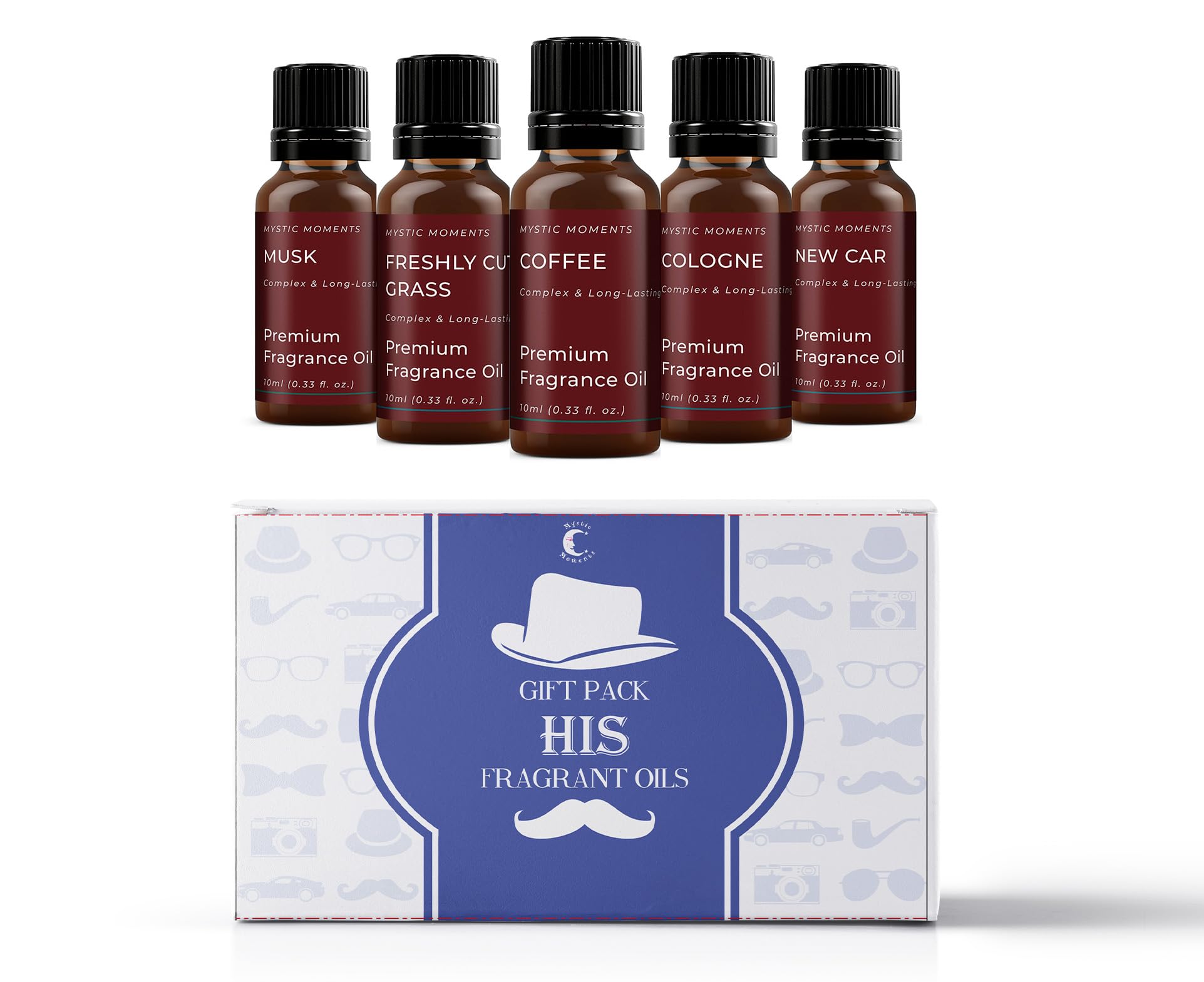 Mystic Moments | HIS Fragrance Oil Gift Starter Pack 5x10ml | Coffee, Cologne, Freshly Cut Grass, Musk, New Car | Perfect as a Gift