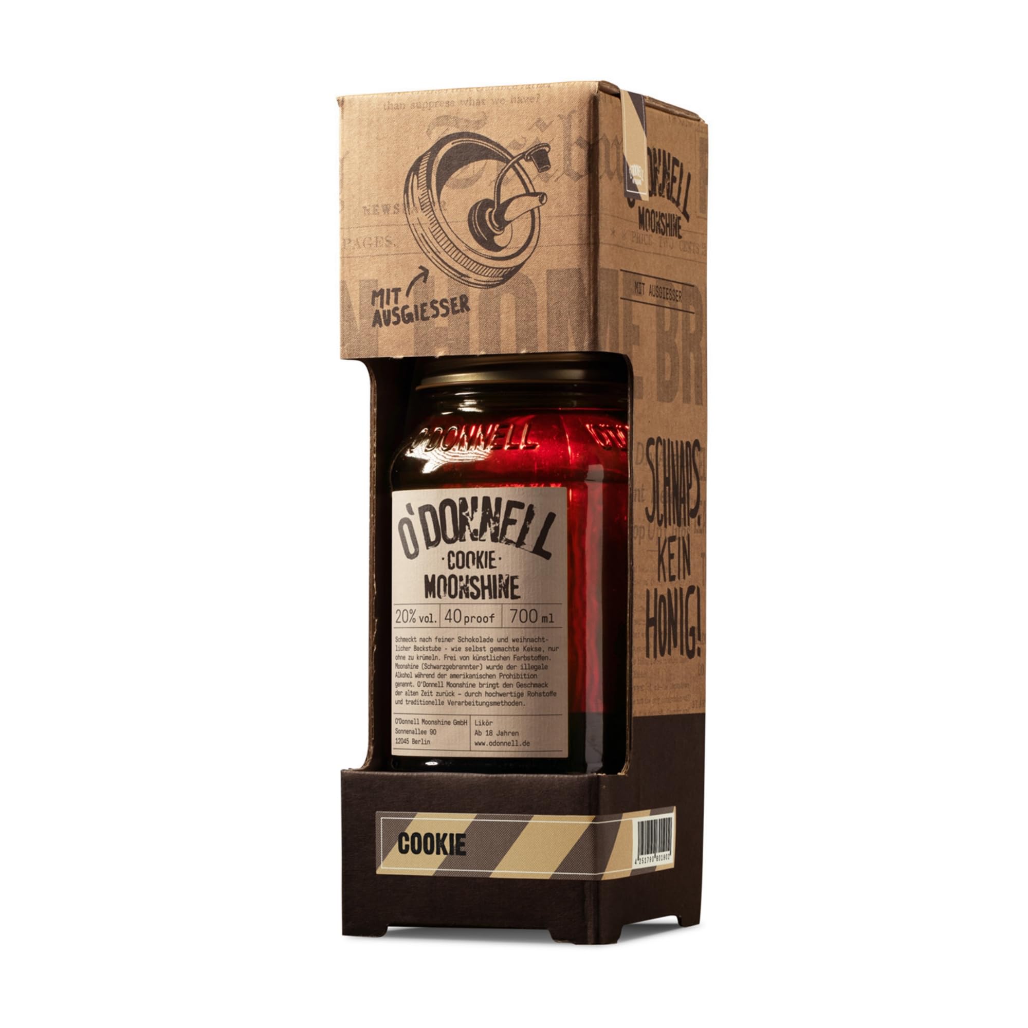 O’Donnell Moonshine Cookie Likör (700ml) + Ausgießer – Kekslikör mit Schokolade, Vanille & Karamell – Süßer Geschmack wie hausgemachte Cookies – 20% Alkohol im Original Mason Jar – Made in Berlin