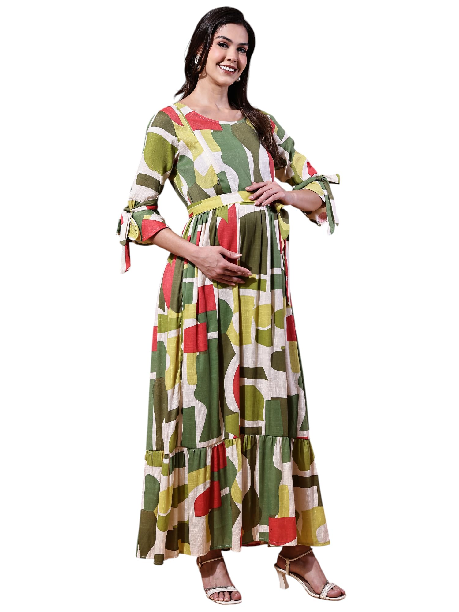 moms maternity Women's Geomatric Print Cotton Slub Green Maternity Maxi Dress-picture-20