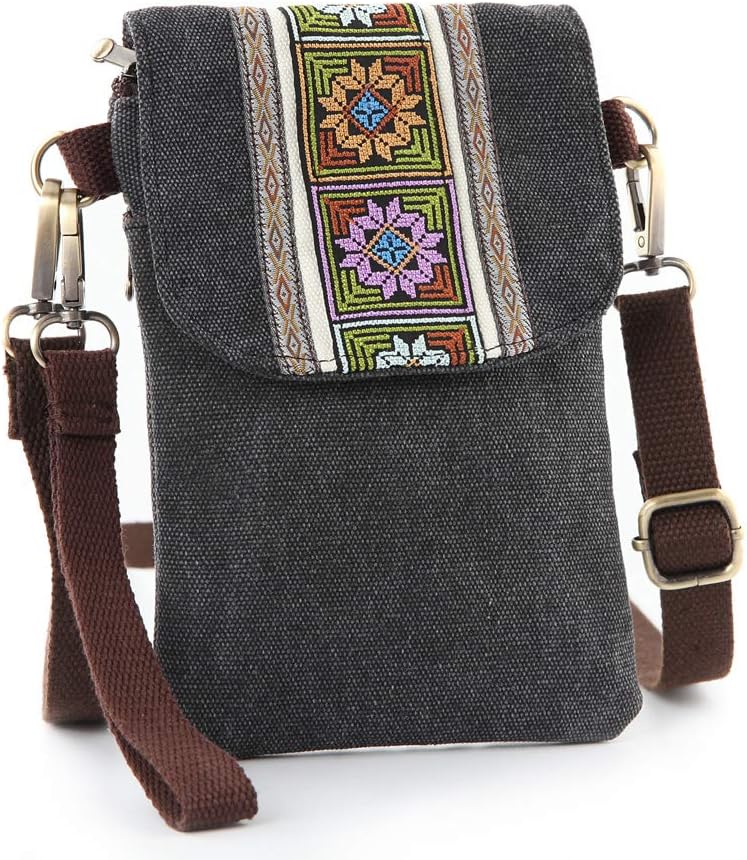 SILKAREA Vintage Embroidered Canvas Crossbody Bag - RFID Blocking Phone Pouch Wristlet Wallet for Women, Fits 6.7" Phones