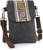SILKAREA Vintage Embroidered Canvas Crossbody Bag - RFID Blocking Phone Pouch Wristlet Wallet for Women, Fits 6.7" Phones