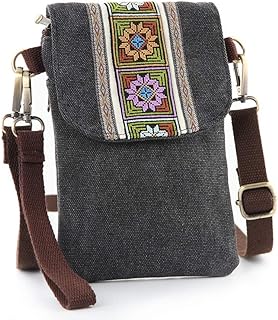 Vintage Embroidered Canvas Flip Small Crossbody Bag Cell Phone Pouch for Women Wristlet Wallet Bag Coin Purse