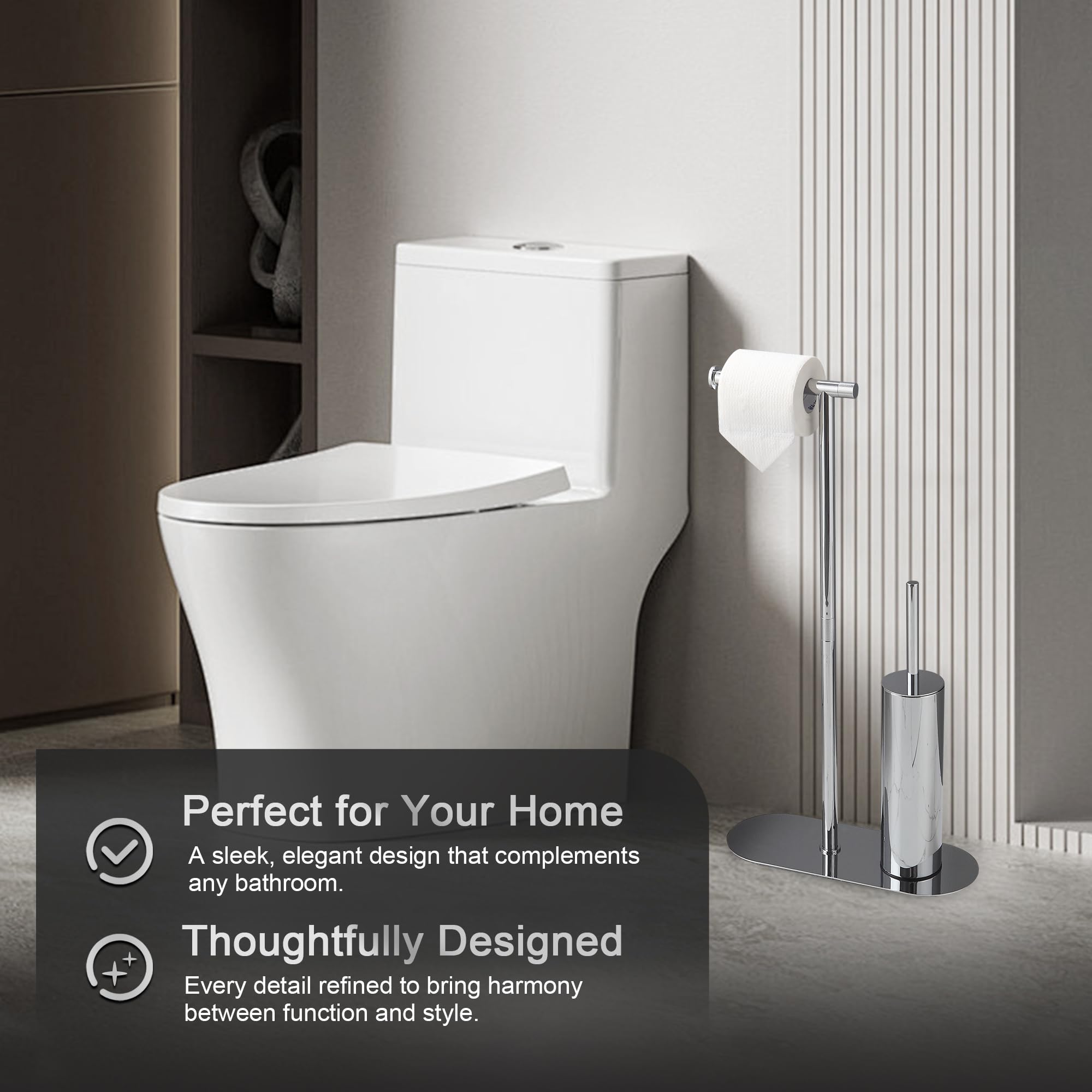 DAZI Portarrollos Papel higienico con escobilla WC Acero Inoxidable – escobillero y portarrollos baño Acabado Cromado, 2 Cabezales Silicona y PP Ideal para baños de Invitados y aseos