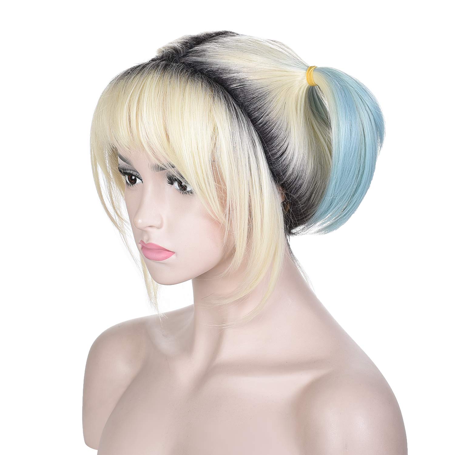 Morvally Kurze blonde Perücke mit dunklen Wurzeln und zwei rosa und mintgrünen Zöpfen, Perücke für Cosplay, Kostüm, Halloween