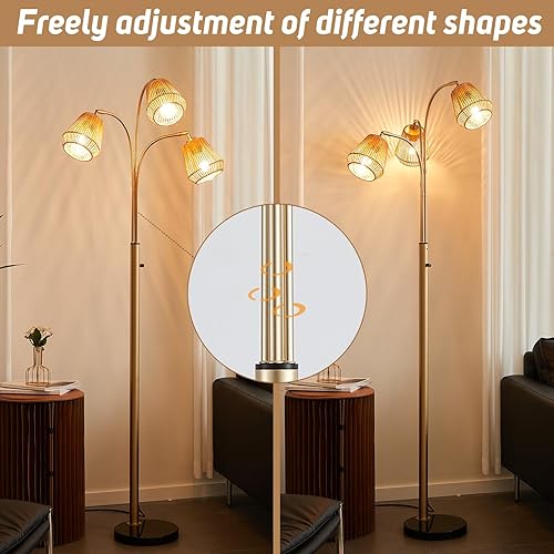 Miniatura 4 de Lámpara de pie de ratán dorado para sala de estar, lámpara de pie bohemia de 72 pulgadas de alto con interruptor giratorio, lámpara de arco de 3