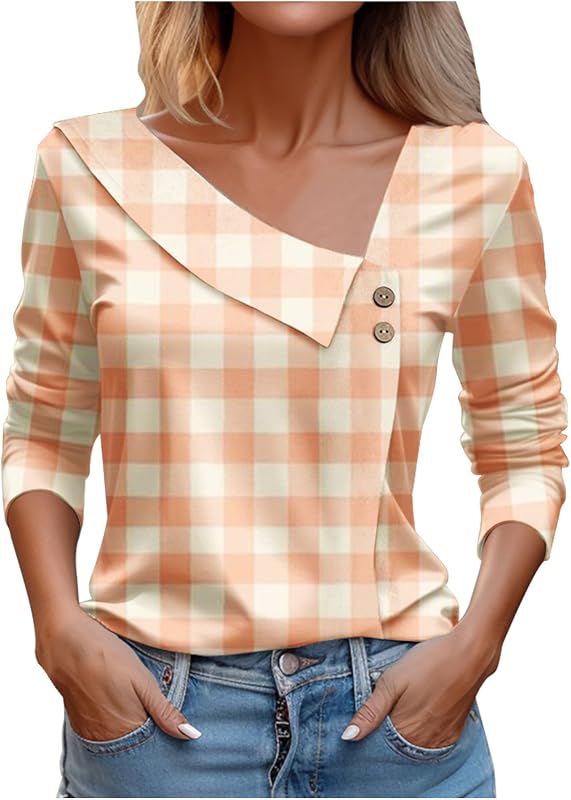 LRMQS Tops de primavera para mujer 2024, blusas informales de moda de manga larga asimétricas con cuello en V, blusas con botones, camisas elegantes para mujer, ropa