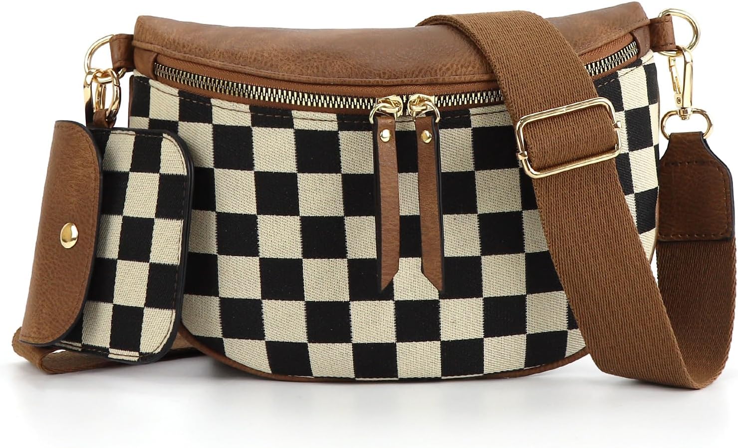 hibear Bum Bag for Women,Canvas Checkered Crossbody Bag Checkered Purse Fanny Packs Black and White Belt Wallet - Image 9