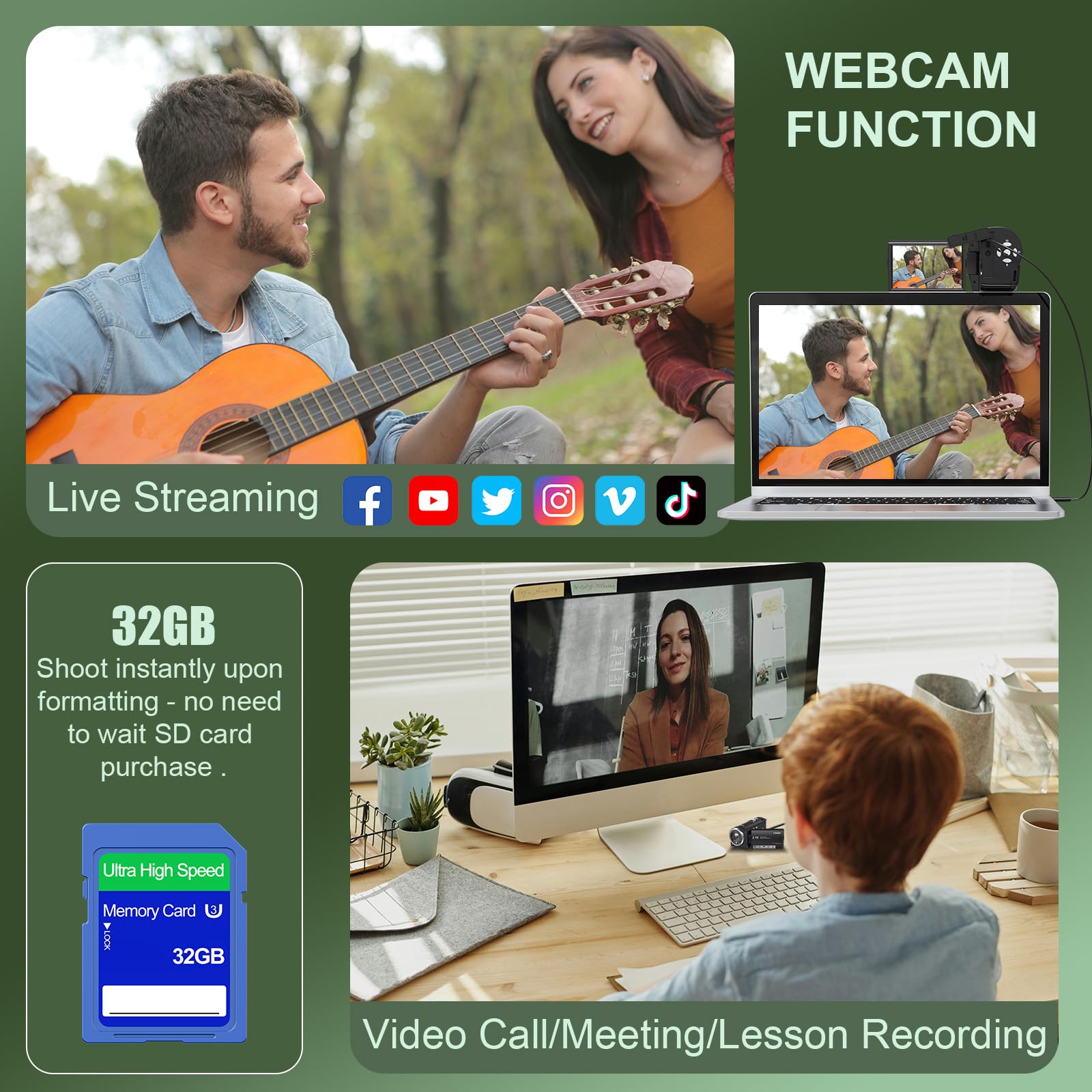 Videocamera 2.7K QHD 50MP YouTube Vlogging Camera 16X Zoom digitale Webcam 270 gradi di rotazione dello schermo Camcorder con scheda SD 32G e 2 batterie di registrazione durante la ricarica