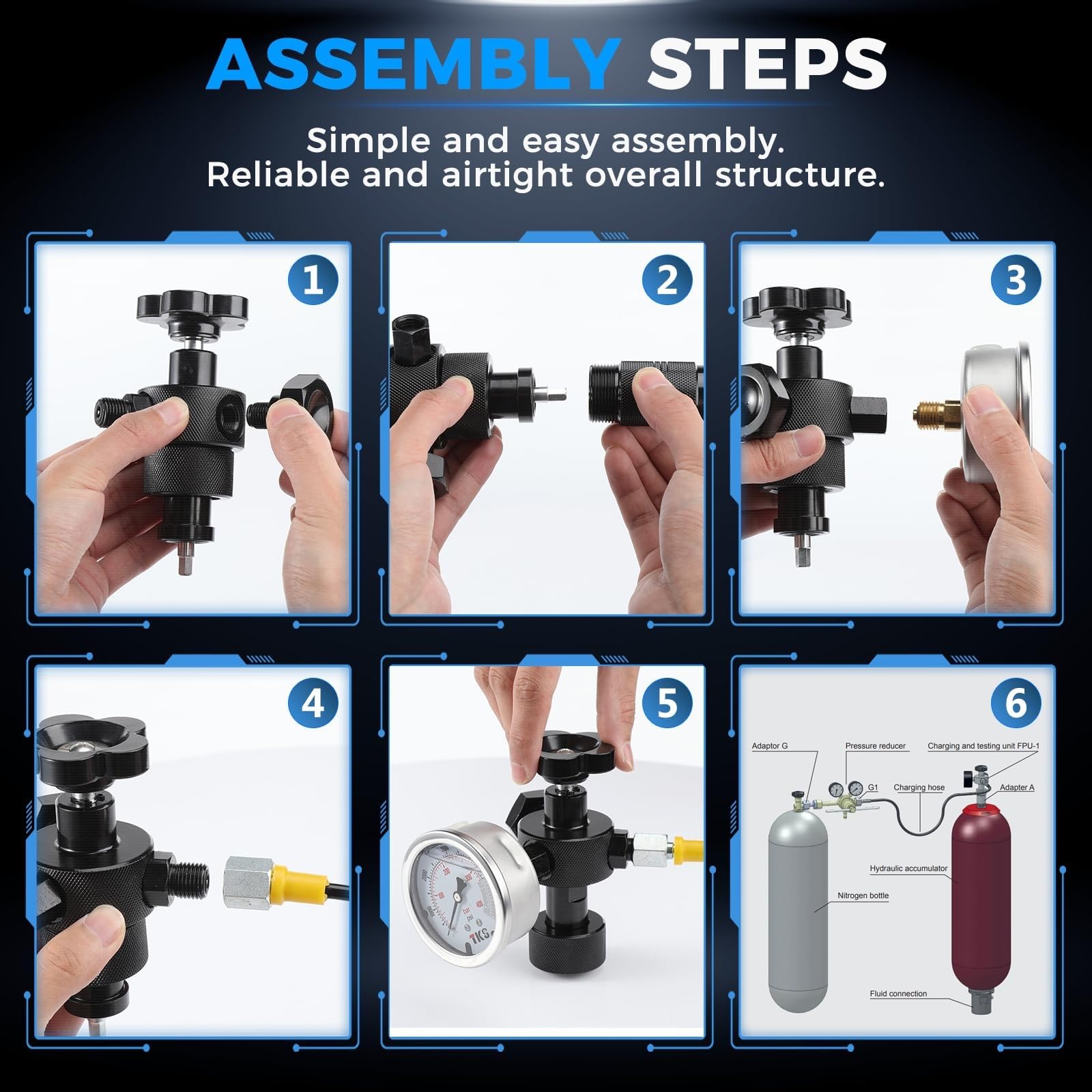 Sistema Ricarica Azoto Accumulatore Idraulico, Kit Test Pressione Con 3 Manometri 1500/4000/6000 PSI, 7 Raccordi, Tubo Gas E CGA580 Per Impianti Idraulici Industriali
