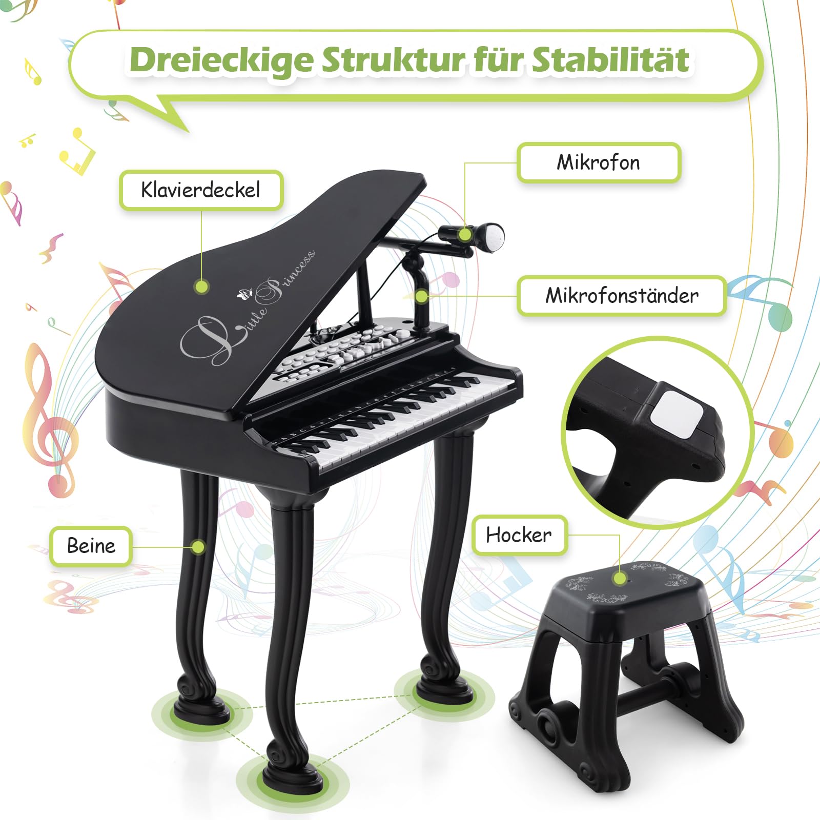 GOPLUS Kinder Keyboard mit 37 Tasten, Mini E-Piano mit LED Lichter, Mehreren Sounds, verstellbarem Mikrofon & Hocker, Elektronisches Klavier für Mädchen & Junge ab 3 Jahre (Schwarz)