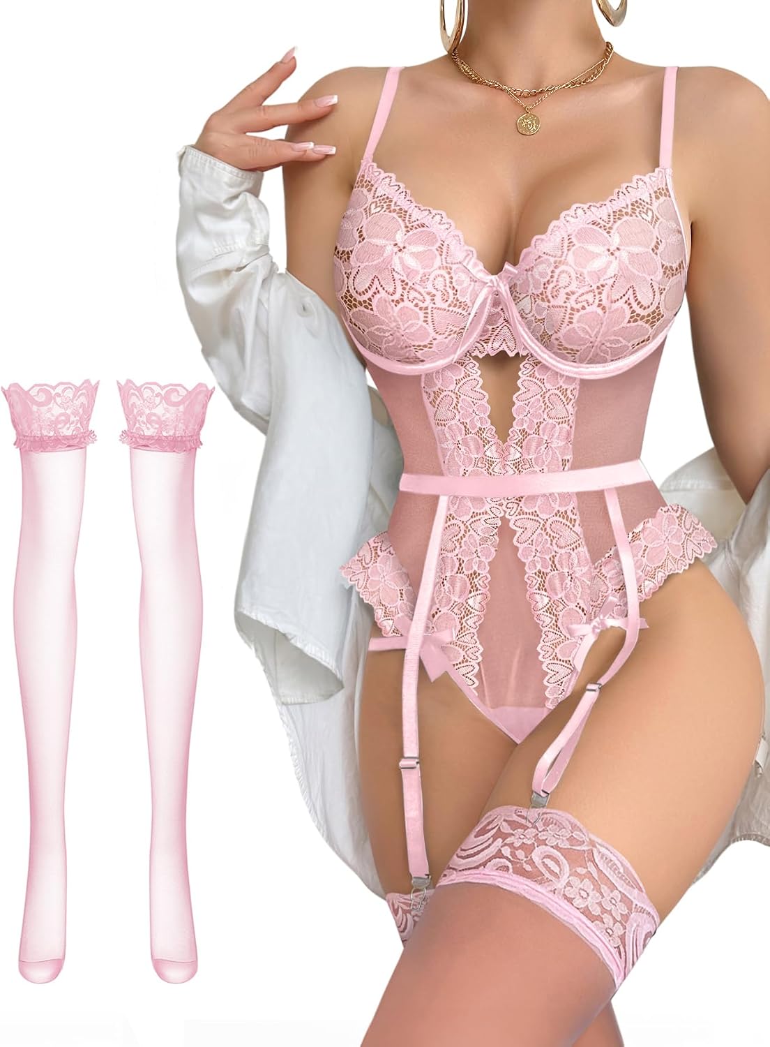 Lilosy Sexy Stocking Lace Mesh Bodysuit Top Underwire Garter Lingerie Set 3 Piece