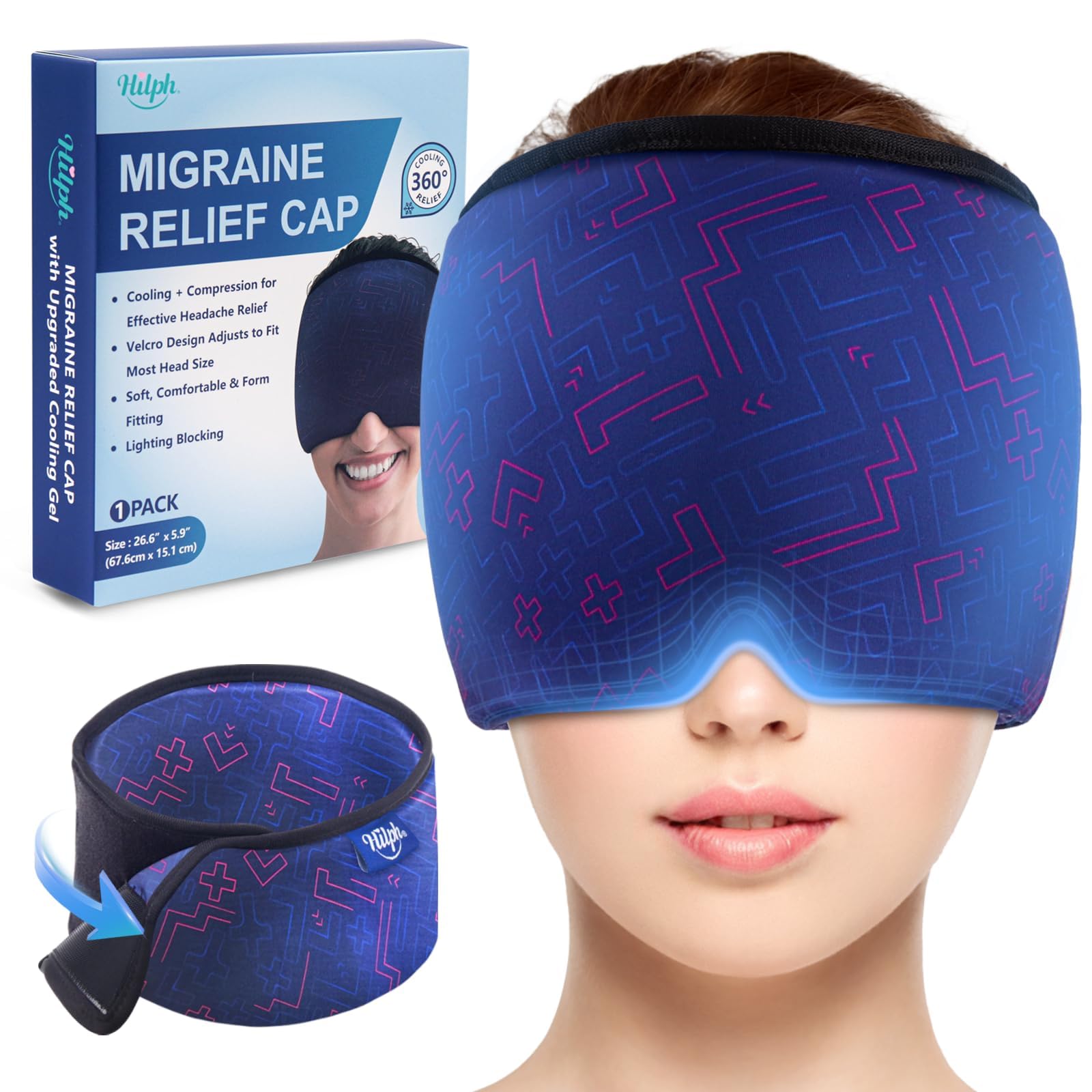 Hilph Adjustable Migraine Relief Cap with Thickened Gel Cold Compress, Headache Relief Cap, Face Cooling Mask Gel Head Wrap for Tension, Stress &