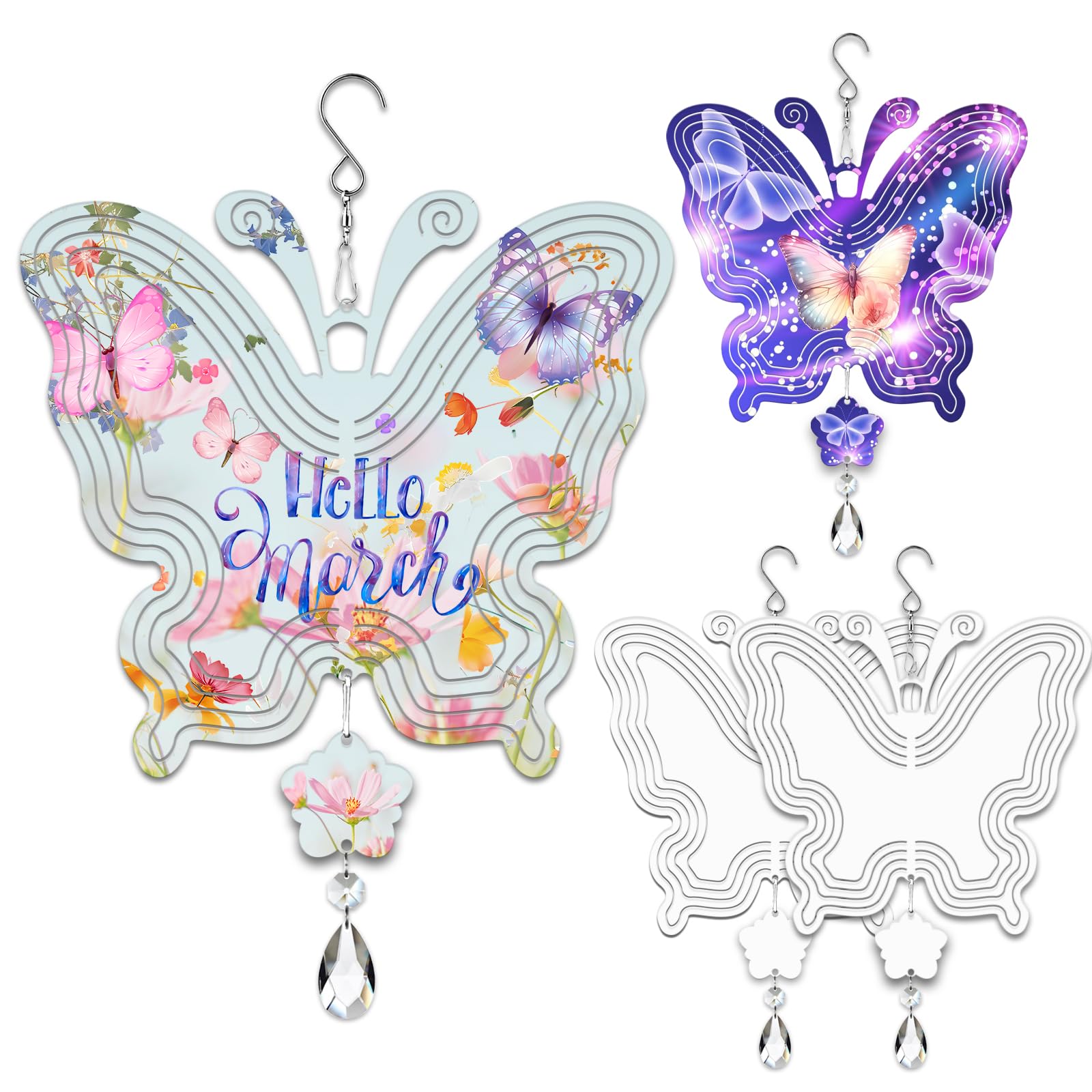 Lot de 4 éoliennes cinétiques en aluminium 3D avec sublimation pour cour et jardin, décoration d'intérieur à suspendre (nouveau papillon) 20,3 cm