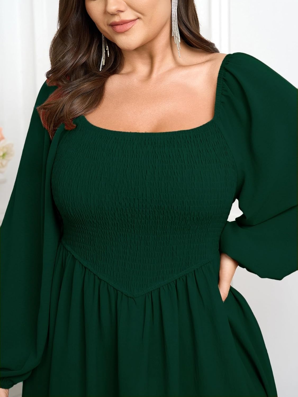 SCOMCHIC Women's Plus Size Fall Dresses Long Sleeve Square Neck Smocked Flowy A-Line Formal Wedding Guest Maxi Dress - Image 3