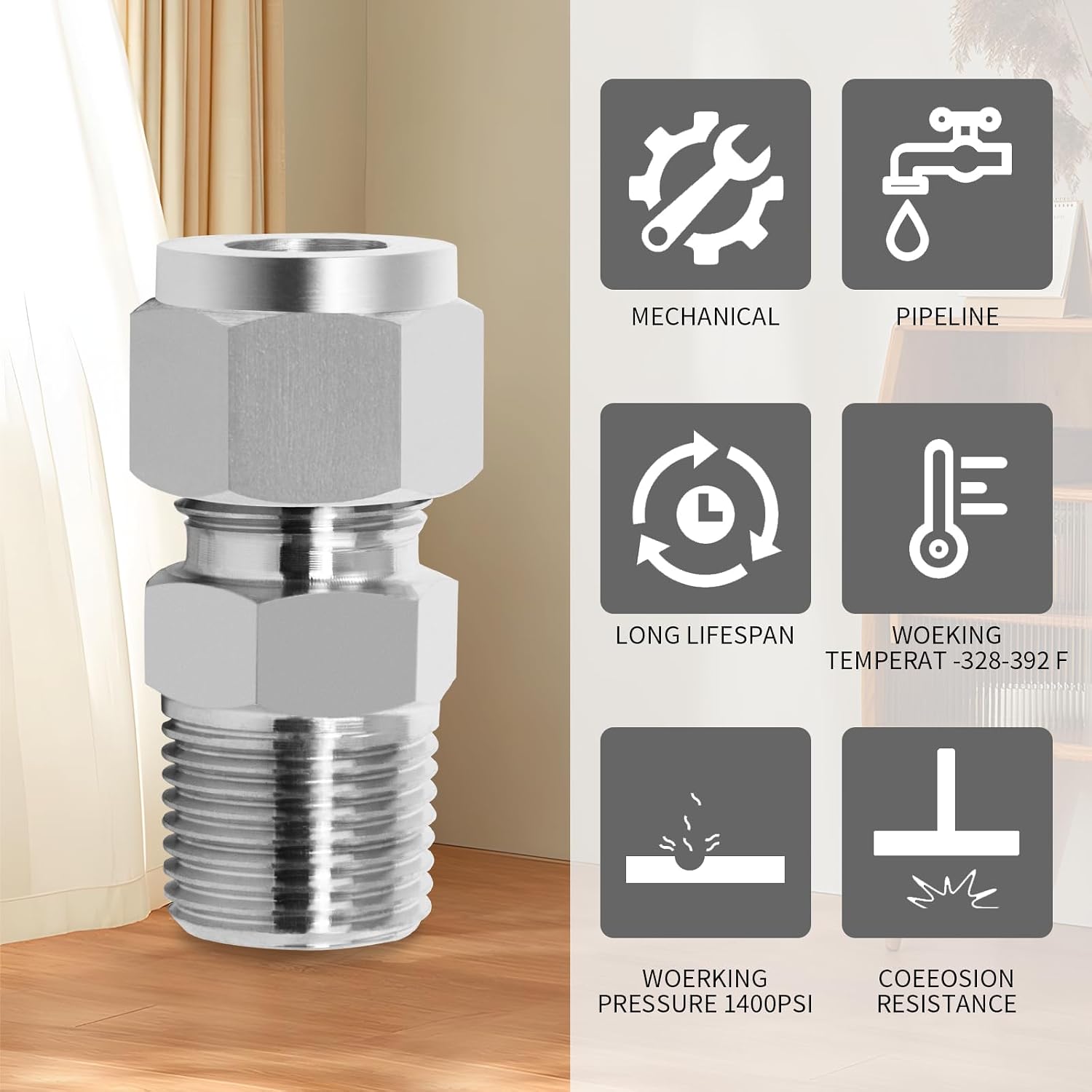 ChillWaves 304 Stainless Steel Compression Tube Fitting, 1/4" OD x 1/4" NPT Male Compression Union Connector(5-PACK)
