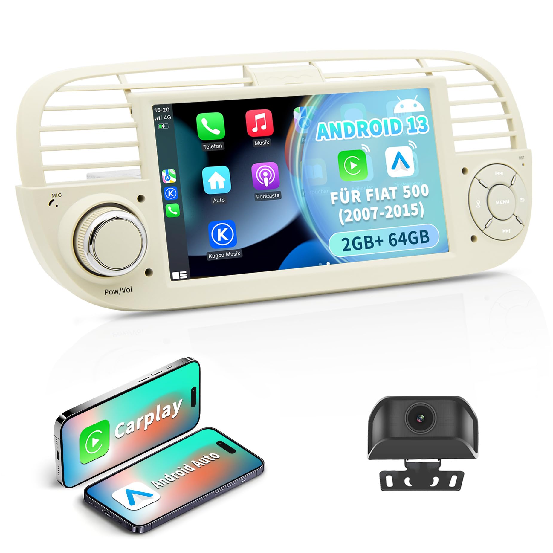 Autoradio pour Fiat 500 2007-2015 avec CarPlay/Android Auto sans Fil, Blanc | Caméra de Recul, Bluetooth, GPS/FM/Wi-Fi/RDS, Commande au Volant, Contrôle Vocal, 2+64Go Android Poste Radio Écran Tactile 7″