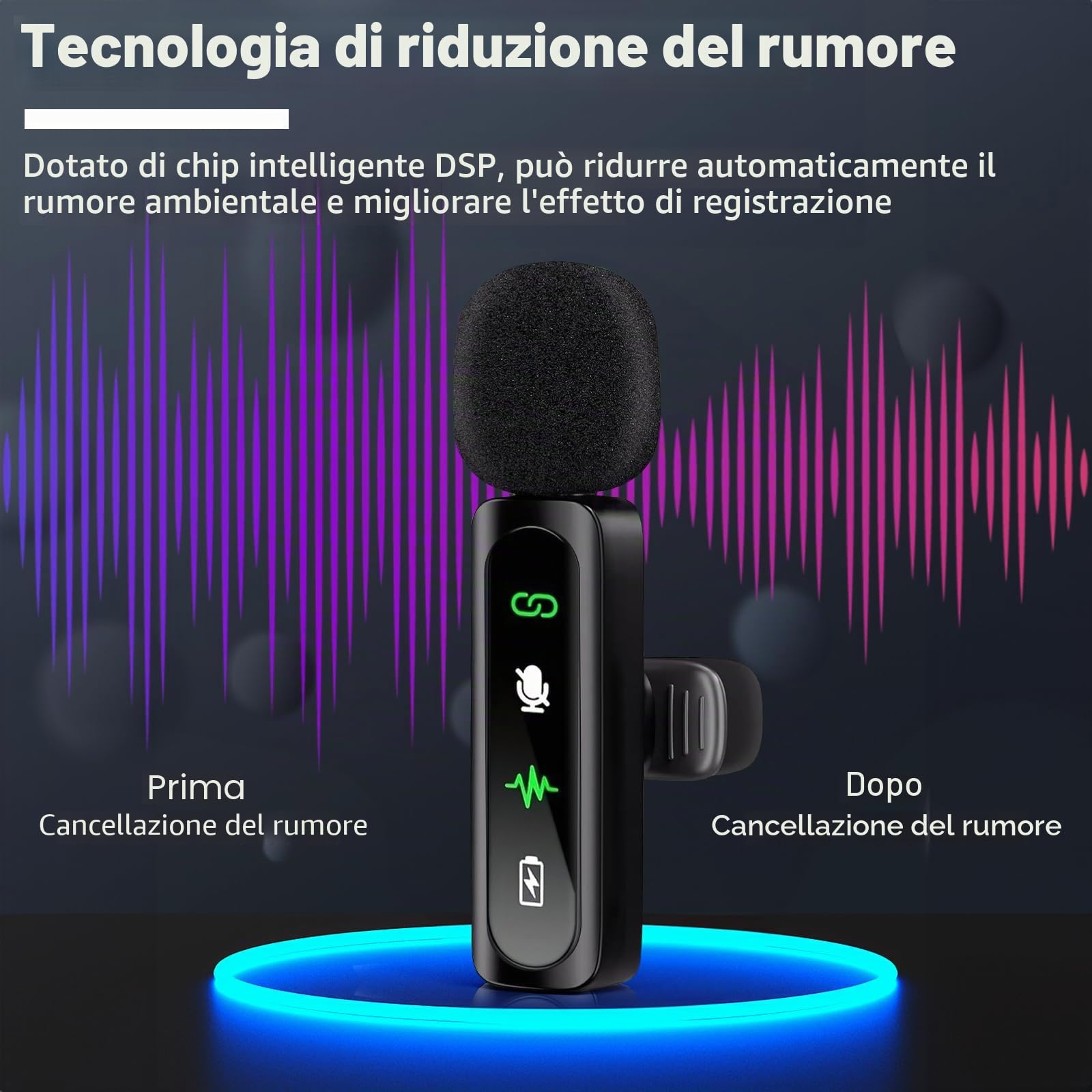 Microfono Lavalier per iPhone Android Laptop, Mini Microfono Wireless, A Clip,Con Display a LED,Riduzione Del Rumore,Per La Registrazione Video Social, Tiktok, Youtube,Streaming, Podcast, Vlogging
