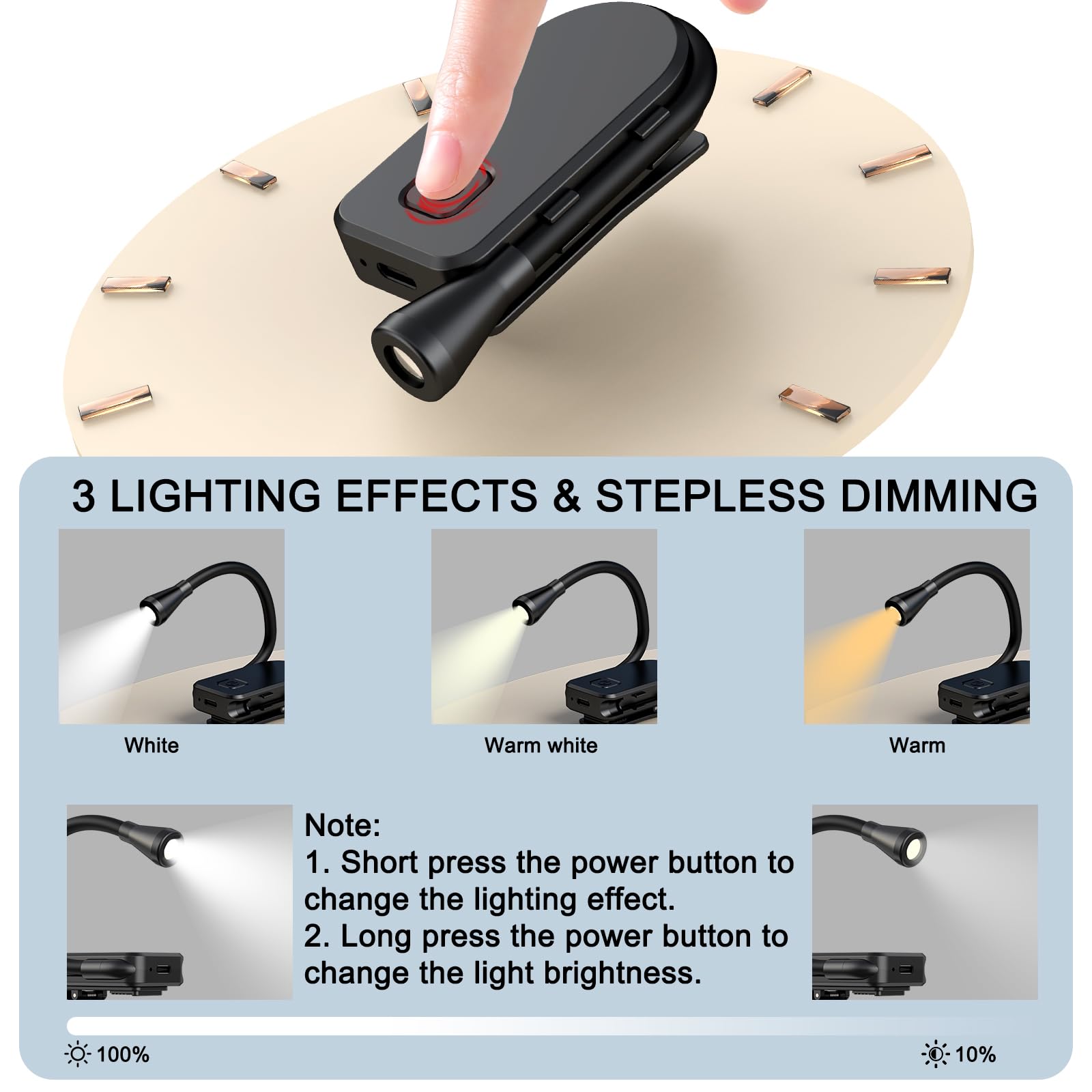 Luz de libro con clip, 3 temperaturas de color, luces de lectura de atenuación continua para libros en la cama con luz de lectura giratoria de 360° para viajes, niños y amantes de los libros