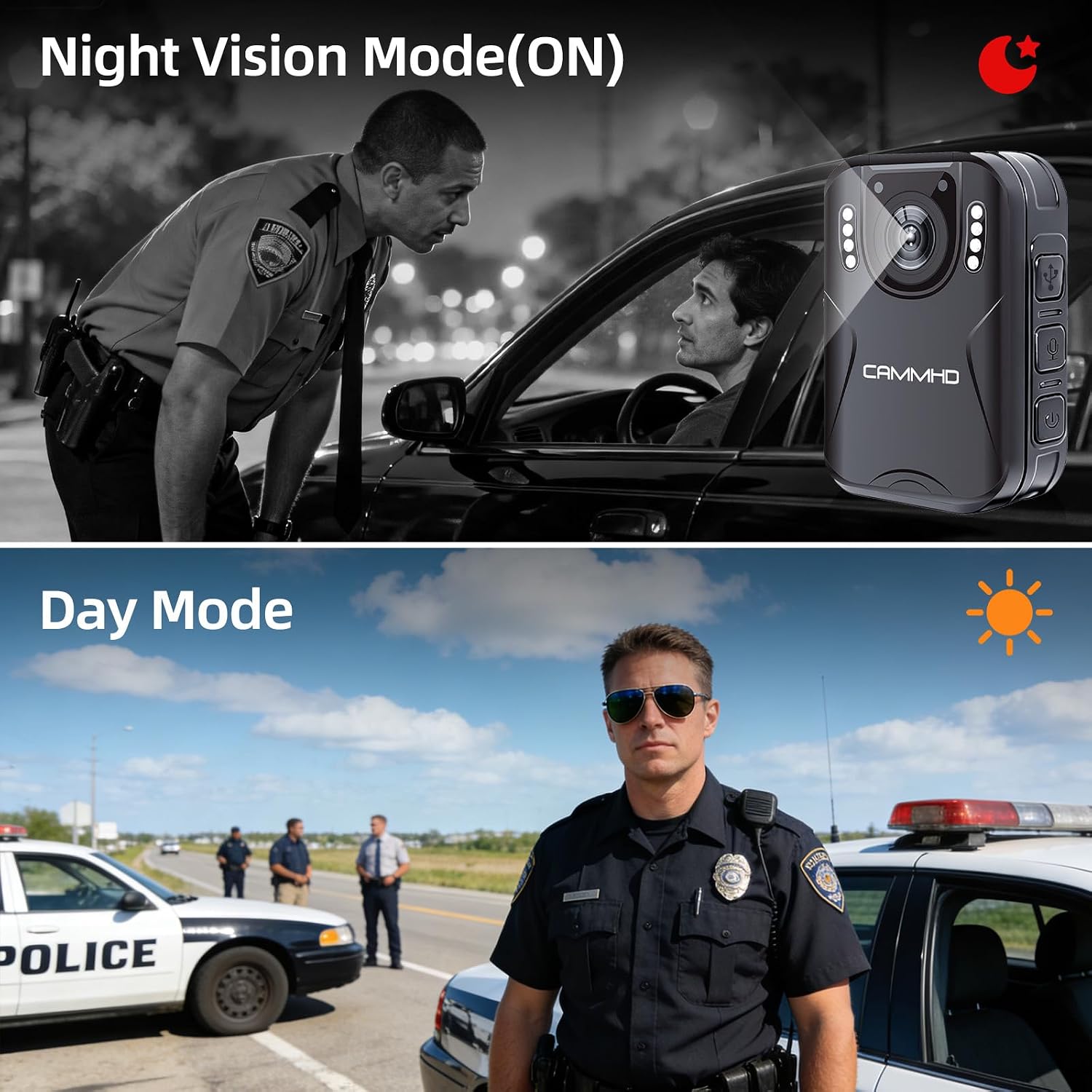 Comparison of CAMMHD H4 Body Camera's Night Vision Mode (ON) and Day Mode.