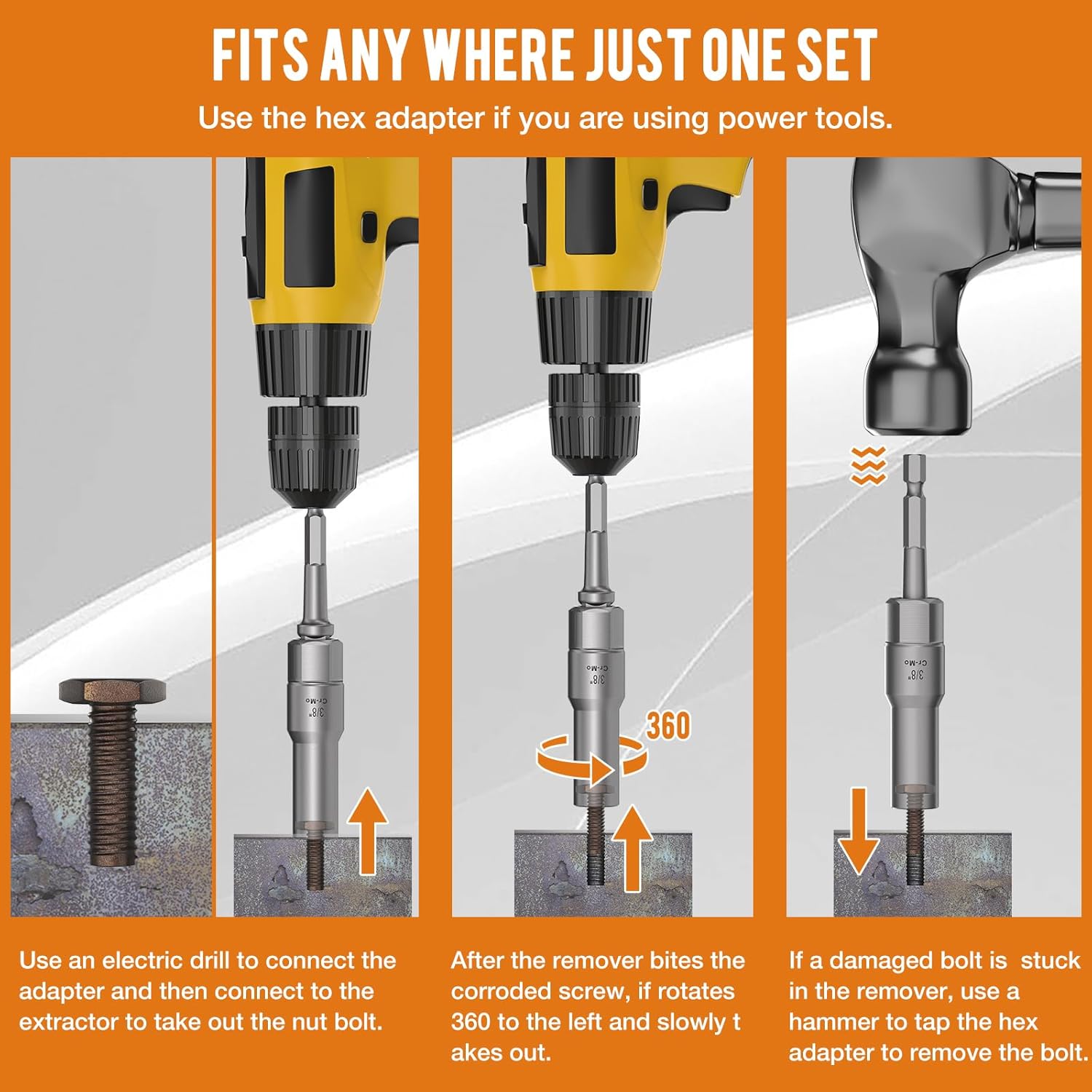 3/8" Drive 16PCS Deep Bolt Extractor Set & 8PCS Short Bolt Nut Remover Set, Stripped Lug Nut Remover for Narrow Space, Removing Broken, Damaged, Frozen, Rusted, or Rounded-Off Bolts, Nuts, Screws
