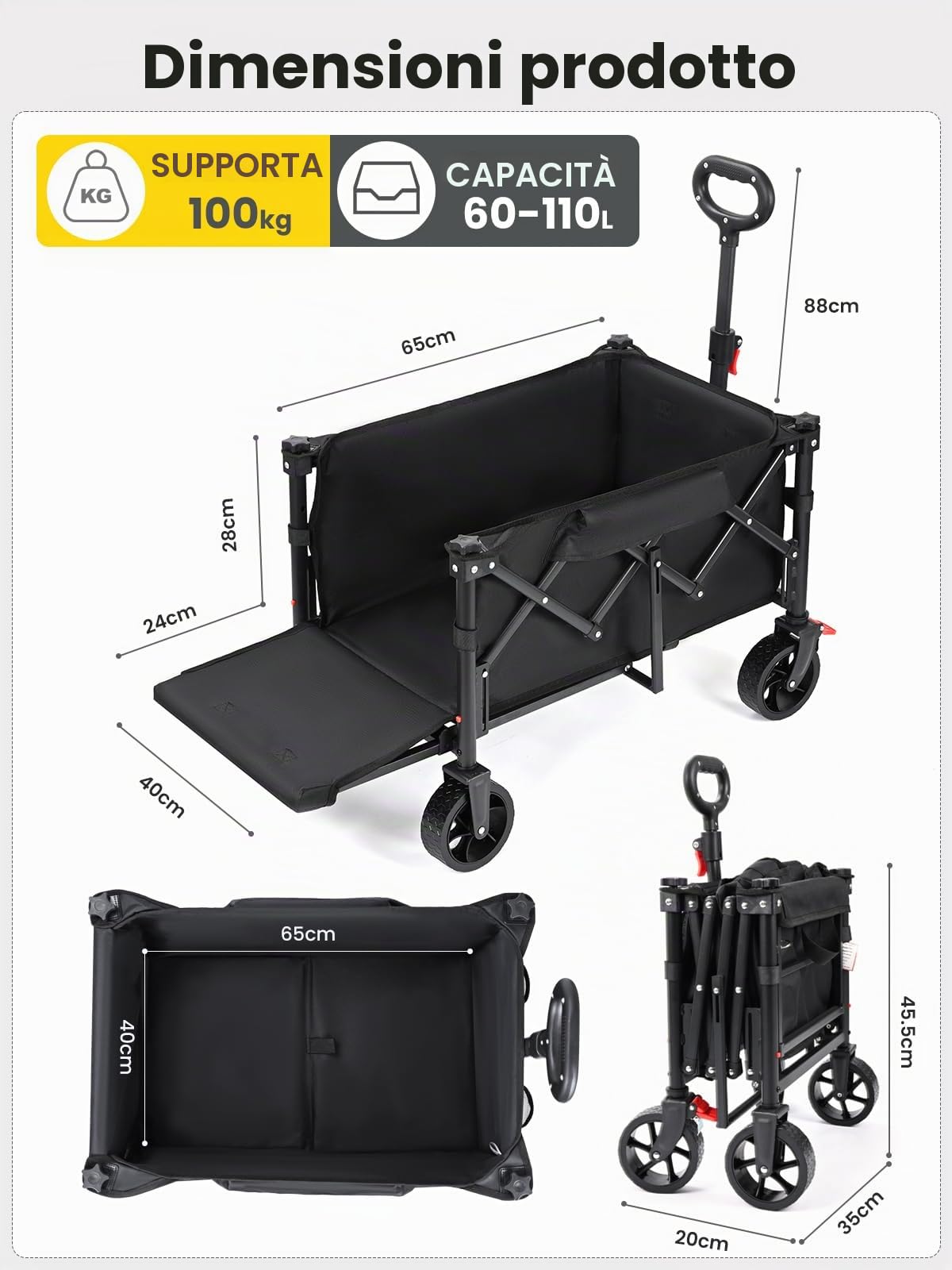 YEAUPE PRO Carrello Spiaggia, Carrello Pieghevole con Ruote 60-110L