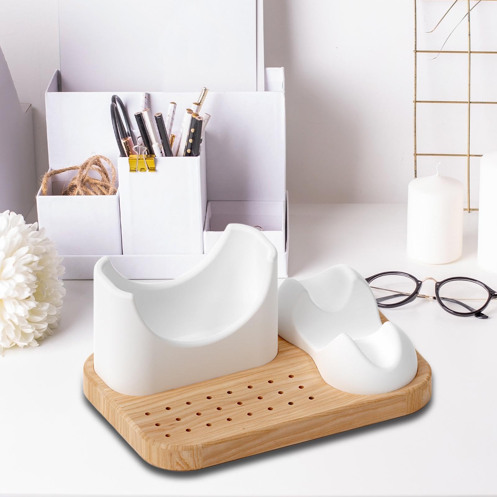 Soporte de Madera para Torno de Uñas 3 en 1, Expositor de Silicona Suave para Manicura