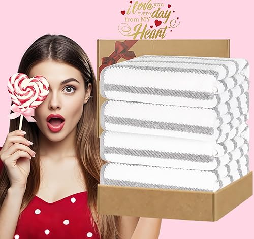 Miniatura 6 de Toallas de baño a rayas, grandes de 30 x 56 pulgadas, algodón, calidad de hotel, ligeras, gruesas, suaves, absorbentes, juego de 4 toallas de baño