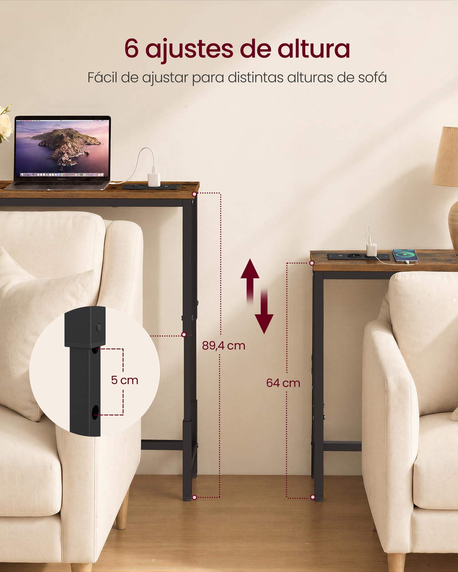 VASAGLE Mesa Consola Estrecha con Enchufes, Altura Ajustable | Mesa Detrás del Sofá, 200 x 15 x (64-89,4) cm, para Salón, Pasillo, Marrón Rústico y Negro Mate, Colección BARNET LNT187K102