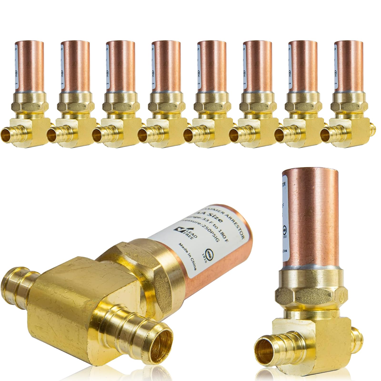 GUOFIS Water Hammer Arrestor,1/2Inch Tee Copper Water Arrestor,Pex Crimp Connection(10PACK,Copper Arrestor)(HAMMER010-10Pack)