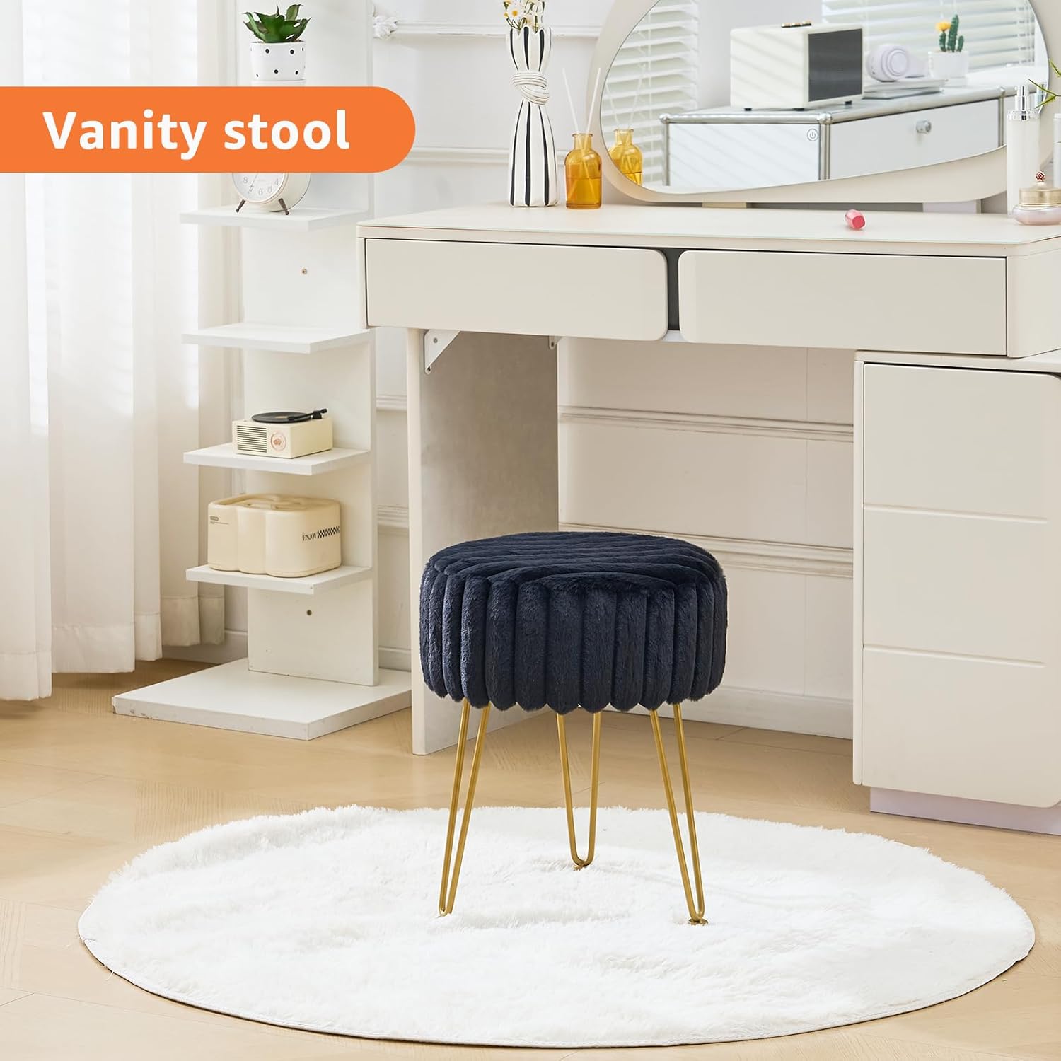 Vanity Stool,Faux Fur Ottoman Foot Stool, Dressing Table Seat with Metal Leg Vanity Chair for Bedroom, Living Room, Entryway, Offices