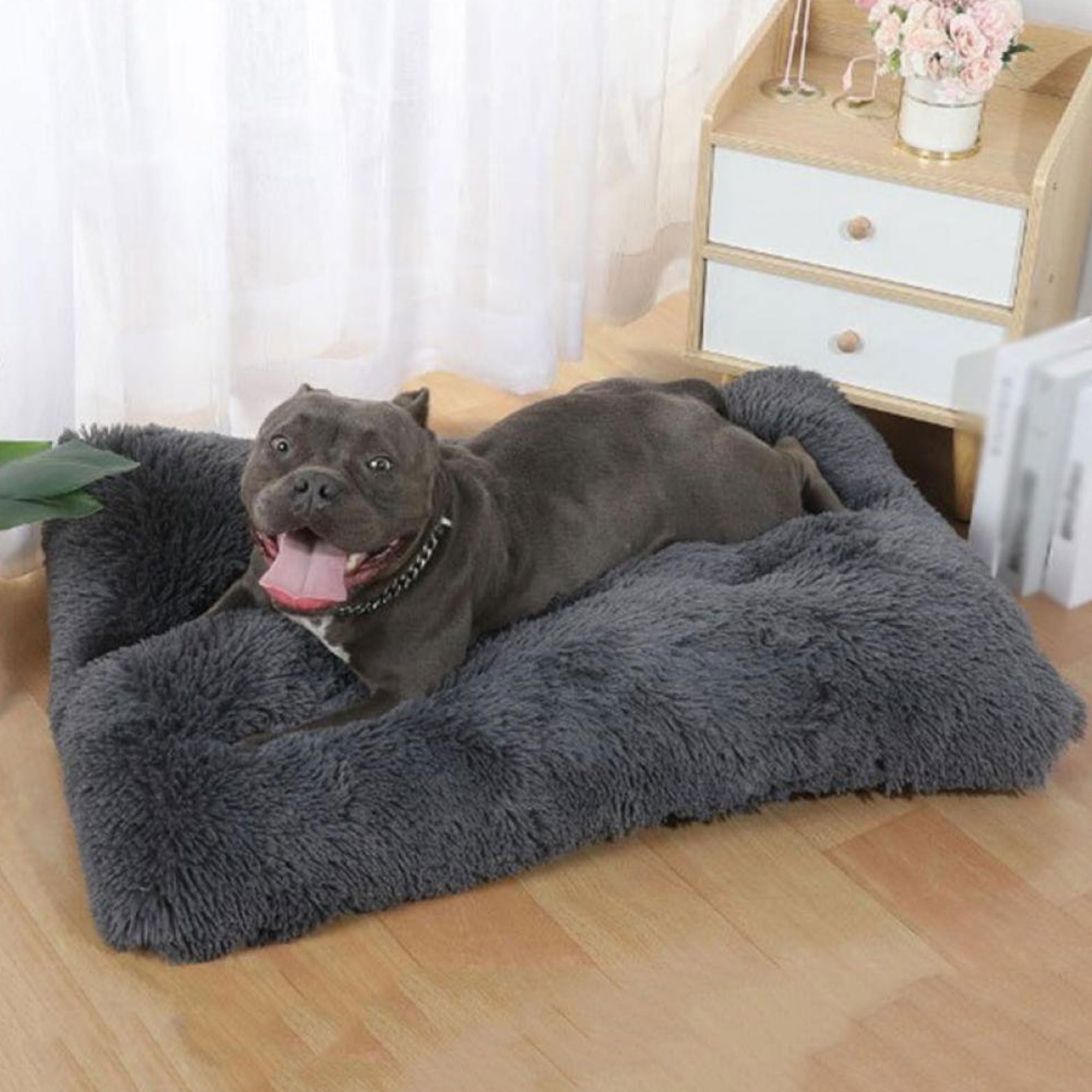 JupiterJX Medium Dog Bed Washable Plush Dog Crate Matters Calming Fluffy Cat Dog Beds Anti Anxiety, Soft Warm Puppy Dog Sleeping Mat With Non-Slip Back, For Medium Dogs (70x55cm, Dark Grey)