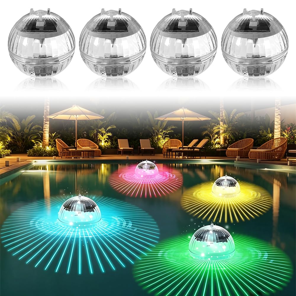 Solar Schwimmende Poolbeleuchtung, 4 Stück Solar Schwimmkugel mit 7 Farben RGB, IP65 SolarPool Lichter Schwimmend für Schwimmbad, Brunnen, Pool, Teich