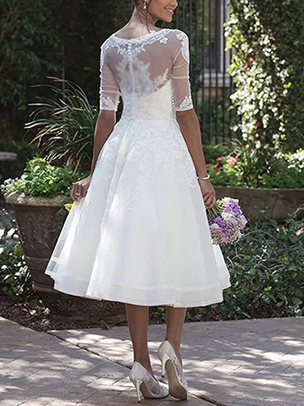 JAEDEN Vintage Brautkleider Hochzeitskleider Damen Knielang Spitze Standesamtkleider mit Ärmel