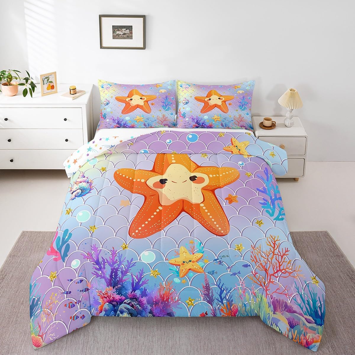 Lovely Starfish Bedding Sets Full Size,Kawaii Coral Shell Conch Sealife Reversible Down Comforter Breathable Polyester Quilt Set,Fairy Tales Mermaid Scale Print Duvet Insert,2 Pillowcases