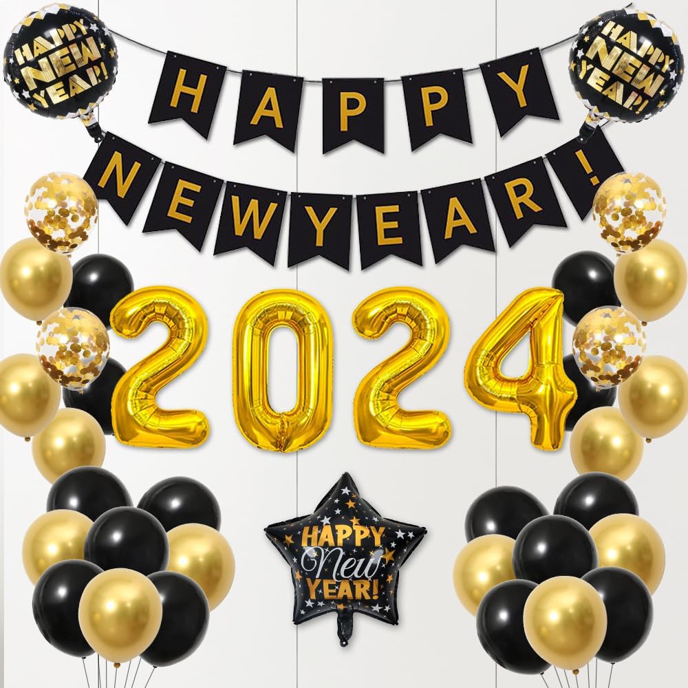 MANALA Happy New Year Decorations 2024, Black and Gold Party Supplies with Sign Foil Balloons for New Year's Eve Party Decor
