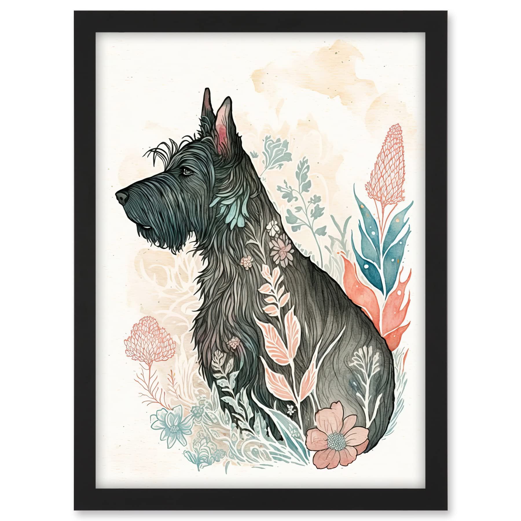 Artery8 Scottish Terrier Dog in Flower Field Bright Modern Multicoloured Watercolour Illustration Artwork Framed A3 Wall Art Print