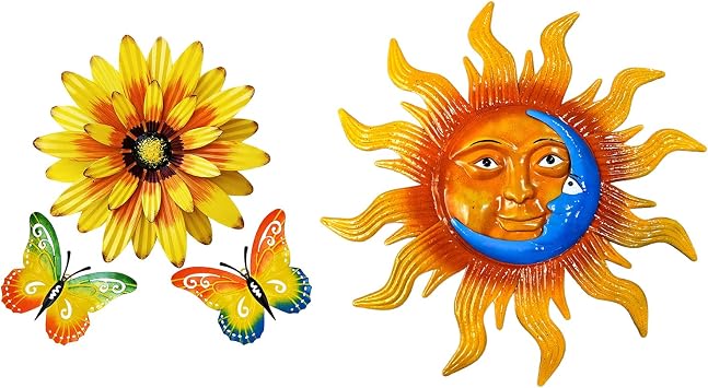 Meduofon Metal Flowers Wall Decor and Butterfly Wall Art+25.7 Large Size Metal Sun Outdoor Wall Art Decor