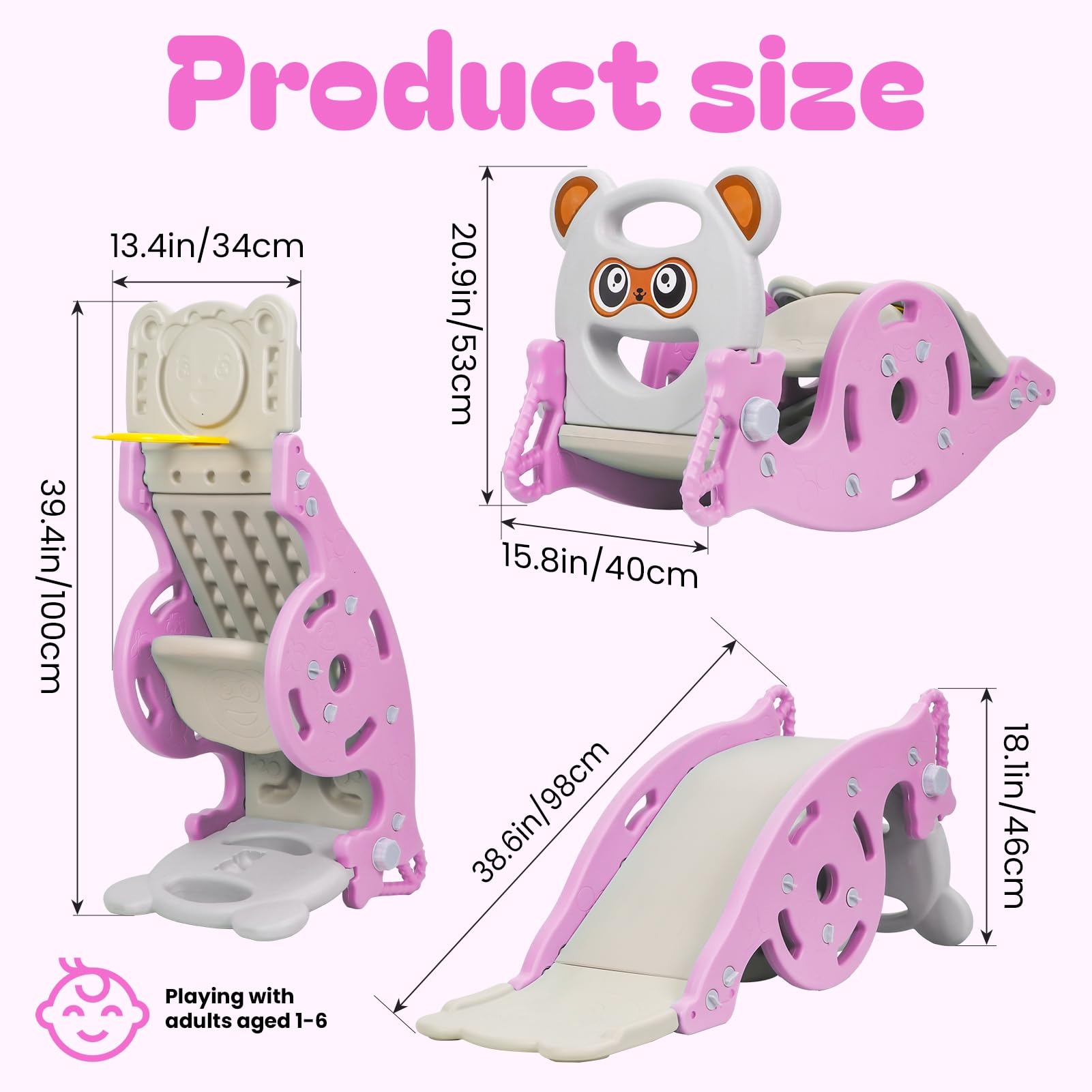 Cheval À Bascule 4-en-1 avec Toboggan Et Panier De Basket, Jouet Bébé Convertible pour Enfants, Cadeau Enfant pour Intérieur Et Extérieur Rose