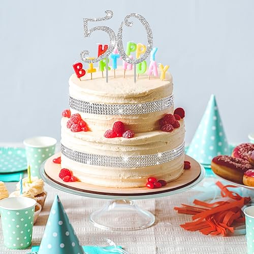 Miniatura 3 de Leyndo 50 adornos para tartas y 4 filas, cinta acrílica de diamantes de imitación de 10 yardas, decoración de pastel de fiesta de cumpleaños 50 para